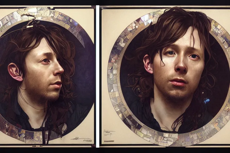 Image similar to hyper realistic portrait of british band singer songwriter, yorke, by lee bermejo, alphonse mucha and greg rutkowski