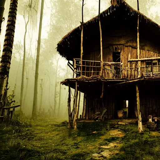 Image similar to a cinematic movie shot of a rustic multi-story ramshackle hut in the magical forest