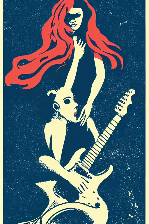 Image similar to illustration of a mermaid playing an stratocaster electric guitar, 3 colour screen print