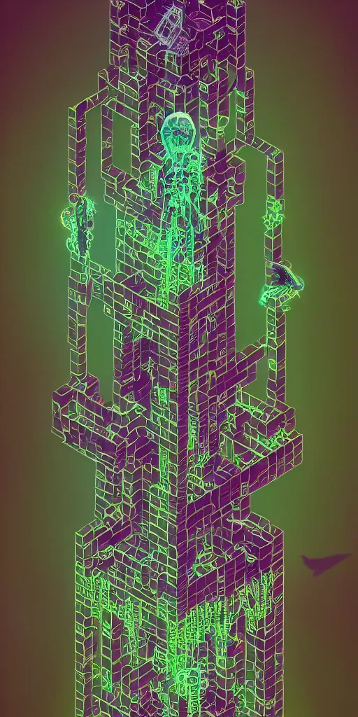 Prompt: isometric portrait of advanced alien, his last moment, bringer of light and light, mystical, magicavoxel intricate ornamental oriental tarot tower floral flourishes, technology meets fantasy, glass, copper, steel, emerald, diamond, amethyst, map, infographic, concept art, art station, style of monument valley, giger, wes anderson