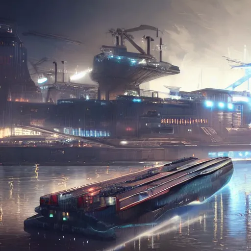 Image similar to Immense industrial futuristic cargo ship arrives at cyber punk city sea port, cinematic lighting, concept art