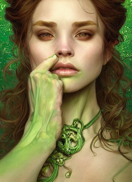 Image similar to portrait of beautiful green skin cute goblin girl, fantasy, D&D, intricate, elegant, highly detailed, digital painting, artstation, concept art, smooth, sharp focus, illustration, art by artgerm and greg rutkowski and alphonse mucha and Gustav Klimt