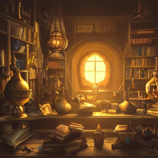 Prompt: a magical alchemists workshop full of strange equipment and books, highly detailed, diffused lighting, blender render, trending on artstation, 4 k, 8 k