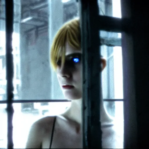 Image similar to worried, runaway beautiful replicant looking through the window in a dirty abandoned factory, short spiky blonde hair, cyberpunk outfit, still from closed circuit tv footage, high angle