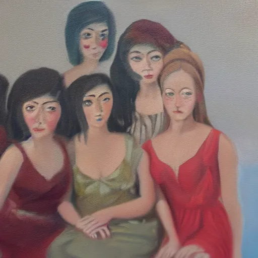 Image similar to Oil painting of a group of creepy young ladies