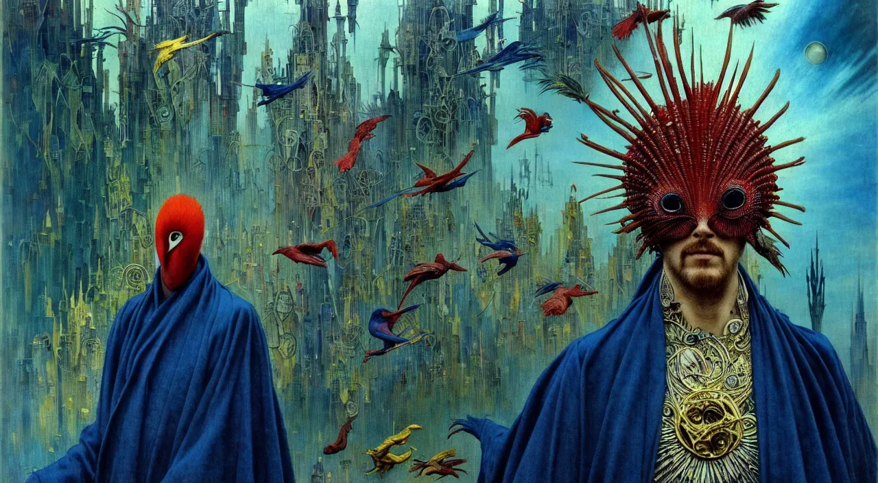 Image similar to realistic detailed portrait movie shot of a birdman wearing dark robes, sci fi city landscape background by denis villeneuve, amano, yves tanguy, alphonse mucha, ernst haeckel, max ernst, roger dean, masterpiece, rich moody colours, blue eyes, occult