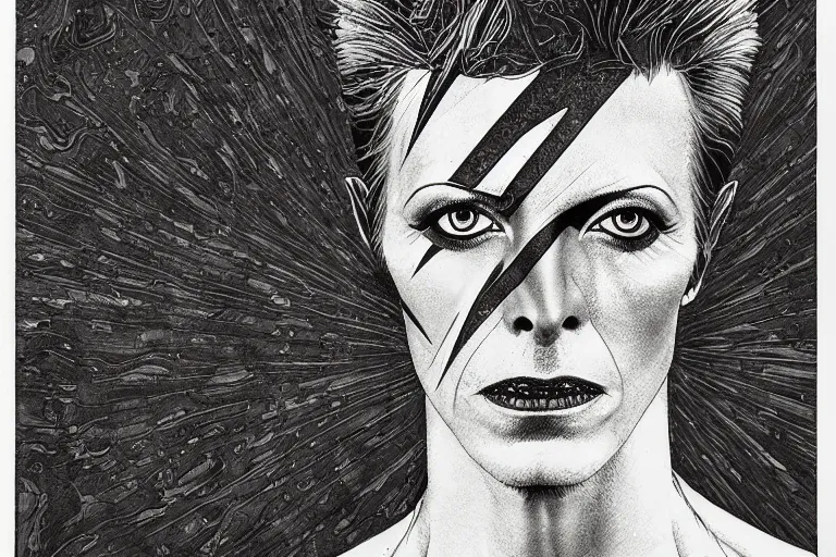 Prompt: david bowie aladdin sane by ed fairburn, joseph clement coll, franklin booth