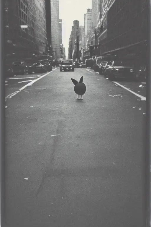 Image similar to photo polaroid of a raichu in the middle of a New York street, loneliness, war, black and white ,photorealistic, 35mm film,