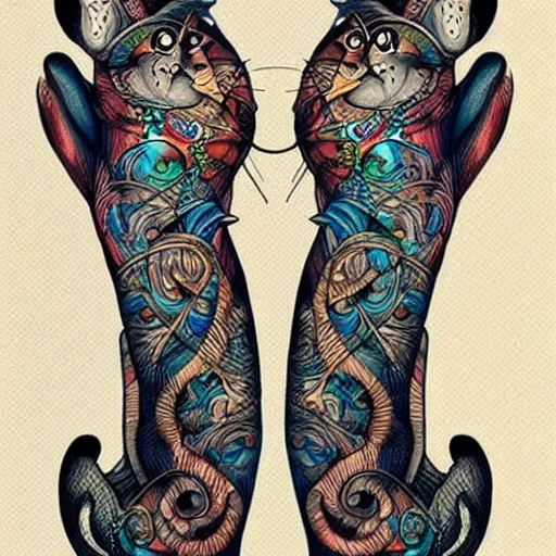 Image similar to two cats holding each other's tail, circle design, tattoo design, inking on skin, designed by Android Jones