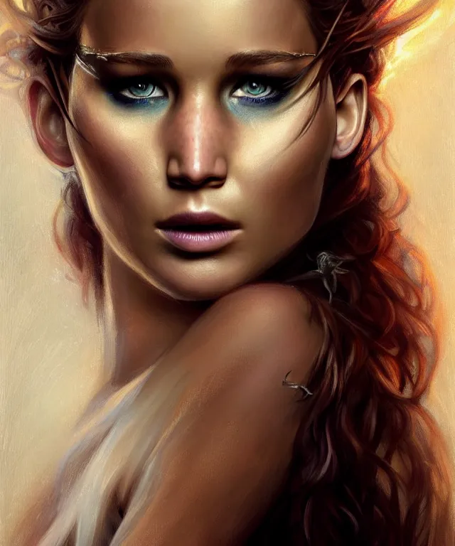 Image similar to half nicole kifman half Jennifer lawrence, a fantasy beautiful woman portrait, amber loving eyes, face, long hair, fantasy, intricate, elegant, highly detailed, digital painting, concept art, smooth, sharp focus, soft pale lights, illustration, greg rutkowski and alphonse mucha