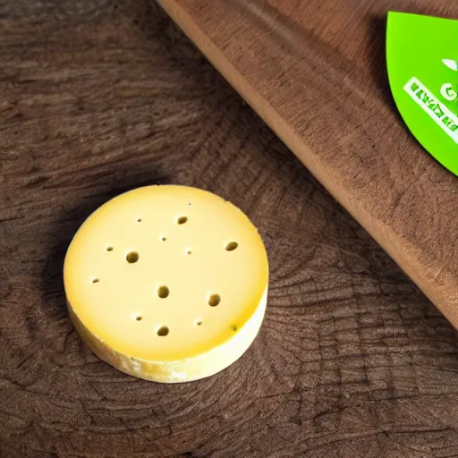 Image similar to a cheese with a green participation badge, stock art, 8K