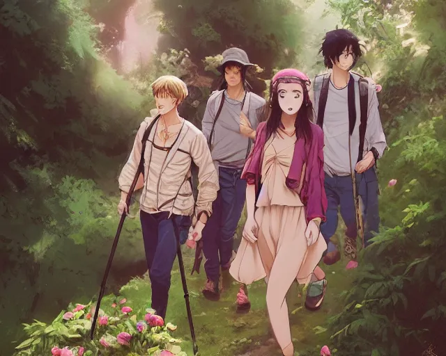 Image similar to a cinematic boy girl traditional romance moment of a group of university friends hiking wearing boho clothing and peonies, full body illustration,bestselling movie art poster, official media, 1970s fashion, official anime media, incredible art by artgerm and greg rutkowski and doja cat