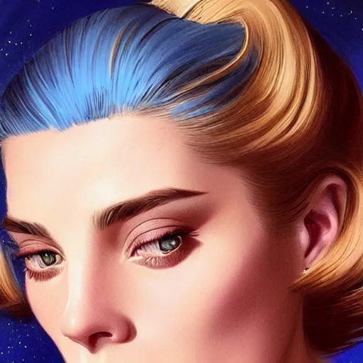 Prompt: Ashley Greene's face combined with Grace Kelly's face with blue hair as a Space Marine, western, D&D, fantasy, intricate, elegant, highly detailed, digital painting, artstation, concept art, matte, sharp focus, illustration, art by Artgerm and Greg Rutkowski and Alphonse Mucha