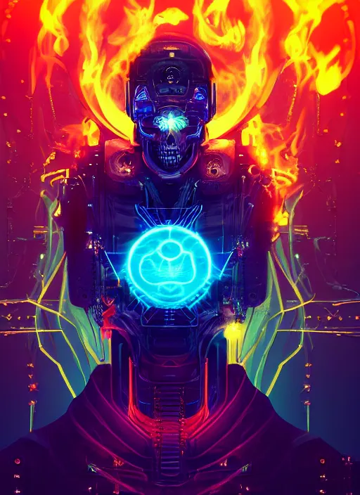 Image similar to a futuristic skull with glowing eyes and a flame fire background, cyberpunk art by android jones, behance contest winner, computer art, darksynth, synthwave, rendered in cinema 4 d