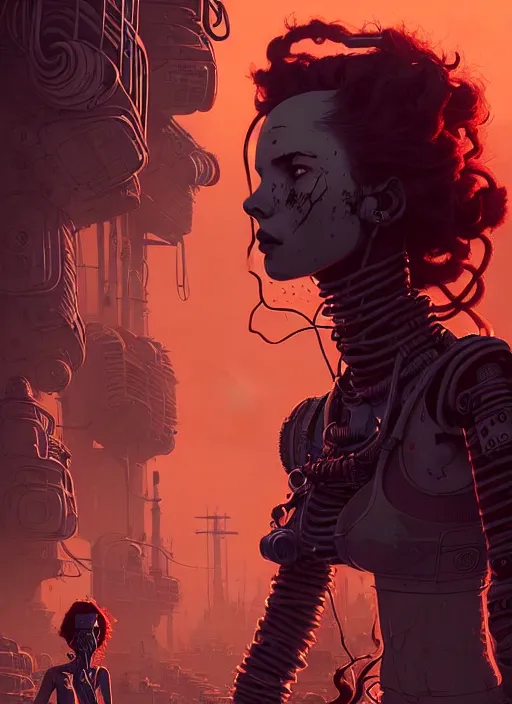 Image similar to highly detailed portrait of a wasteland long curly red hair tribal lady, stray wiring by atey ghailan, james gilleard, by joe fenton, by greg rutkowski, by greg tocchini, by kaethe butcher, 4 k resolution, gradient red, orange, black and white color scheme!!! ( ( burning robotic dystopian city background ) )