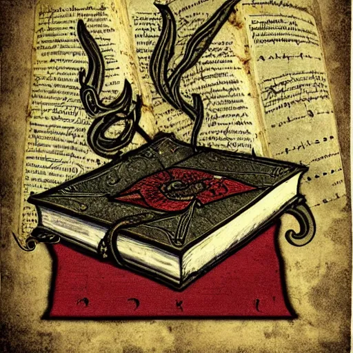 Image similar to 350z in medieval grimoire tome, neural networks, vintage look, weathered pages, spells, demons, high detail,