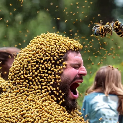 Image similar to man covered in bees, screaming and flailing