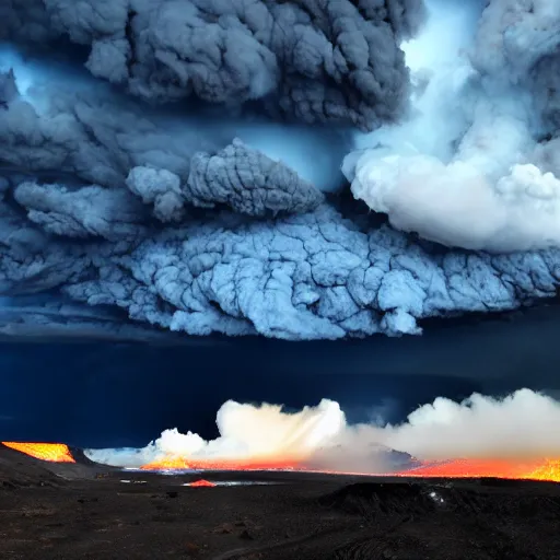 Prompt: volcanic storm clouds raining bright lava from the sky, 8k photorealistic, dramatic lighting, chiaroscuro