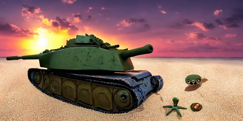 Prompt: deadly dangerous headcrab on the sand beach in the last rays of evening sun trying to eat soviet belarus tank, high detailed scene from tim burton movie