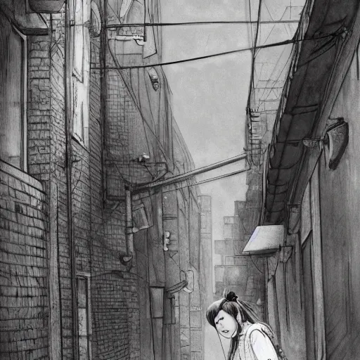 Image similar to a perfect, realistic professional digital sketch of a Japanese schoolgirl posing in a dystopian alleyway, style of Marvel, full length, by pen and watercolor, by a professional American senior artist on ArtStation, a high-quality hollywood-style sketch, on high-quality paper
