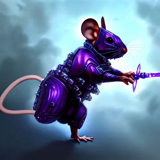 Image similar to armored mouse warrior reaching for a floating purple crystal, Digital Oil Painting, trending on Artstation, highly detailed, 8k, UHD