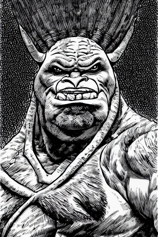 Image similar to hunched ogre with a horn on his head, highly detailed, digital art, sharp focus, trending on art station, kentaro miura manga art style