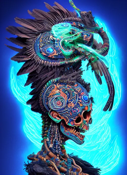 Image similar to 3 d shaman with tattoos profile portrait, sigma 5 0 0 mm f / 5. beautiful intricate highly detailed quetzalcoatl skull and feathers. bioluminescent, plasma, lava, ice, water, wind, creature, thunderstorm! artwork by tooth wu and wlop and beeple and greg rutkowski, 8 k trending on artstation,