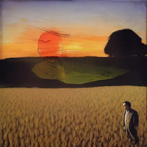 Image similar to “An Andrew Wyeth painting of Mr. Bean in a field of wheat at sunset”