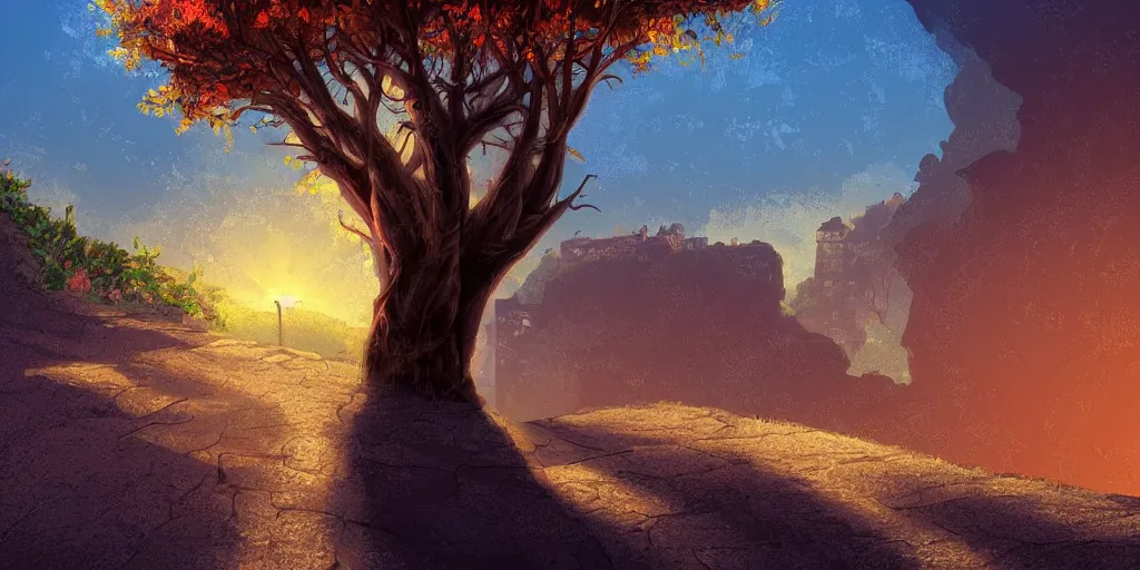 Prompt: a lonely cobblestone street with a tree on a cliff over the sea at sunset, brightly illuminated by rays of sun, artstation, colorful vector illustration, by Beto Garza
