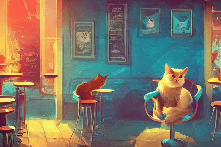 Image similar to a digital art of a cat sits on a chair in a bar in the afternoon, the sun shines in, animal, light effect, highly detailed, warm and delightful, by anton fadeev