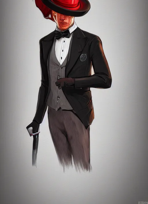 Prompt: a highly detailed illustration of stylish top hat wearing red haired ponytail man, with slight stubble, wearing suit vest, flashy smoking cigarette pose, intricate, elegant, highly detailed, centered, digital painting, artstation, concept art, smooth, sharp focus, league of legends concept art, WLOP