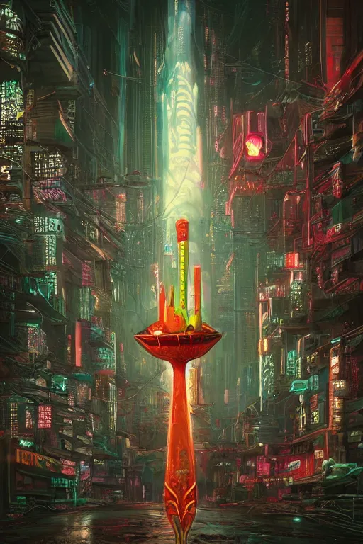 Image similar to cyberpunk giant fork, Mark Ryden style, vivid colors, high details, cinematic, 8k resolution, beautiful detailed, photorealistic, digital painting, dark atmosphere, artstation, concept art, smooth, sharp focus, illustration, fantasy background, artstation trending, octane render, unreal engine