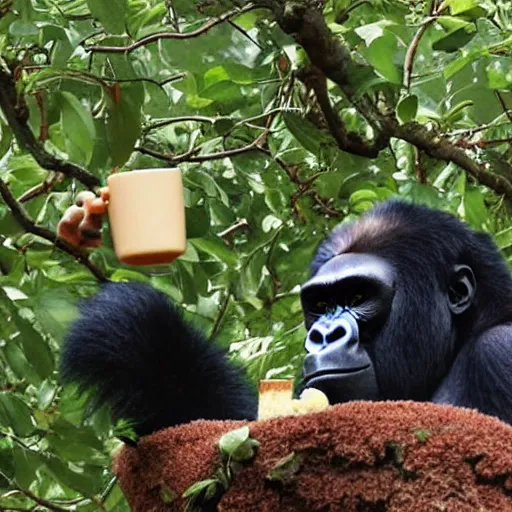 Image similar to A gorilla playing chess while eating pudding in a tree, On the television show Baywatch