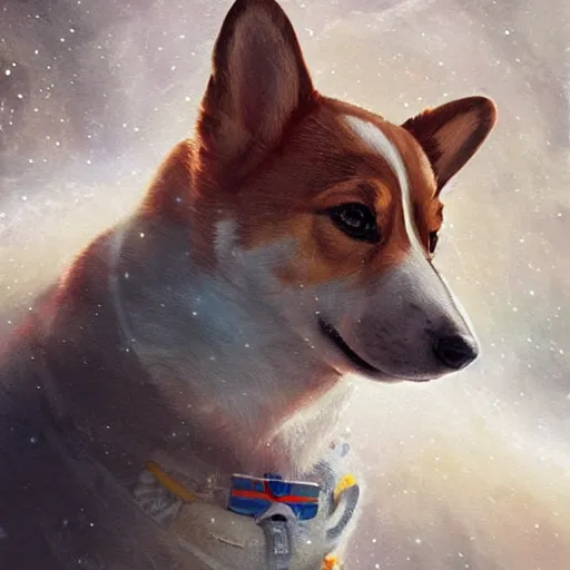Prompt: highly detailed side portrait of a corgi cosmonaut, cosmic starry background, intense, cinematic, dynamic, digital painting, greg rutkowski
