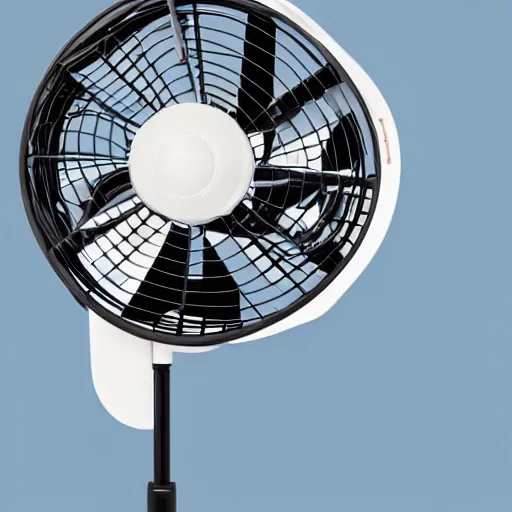 Image similar to desk fan with a tube attached to the back going all the way up to the cealing but not attached to the ceiling, professional photography, studio lighting