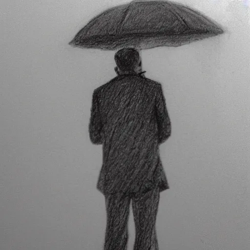 Image similar to a drawn man standing in the rain. pencil sketch.