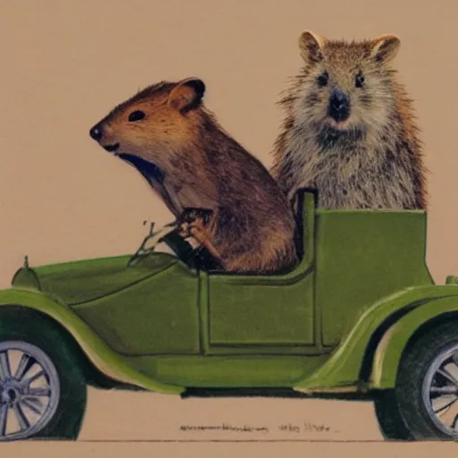 Image similar to a quokka driving a model t ford, in the style of anders zorn