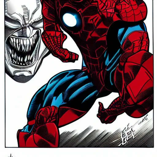 Image similar to iron man except he's venom (spiderman), amazing comic book illustration