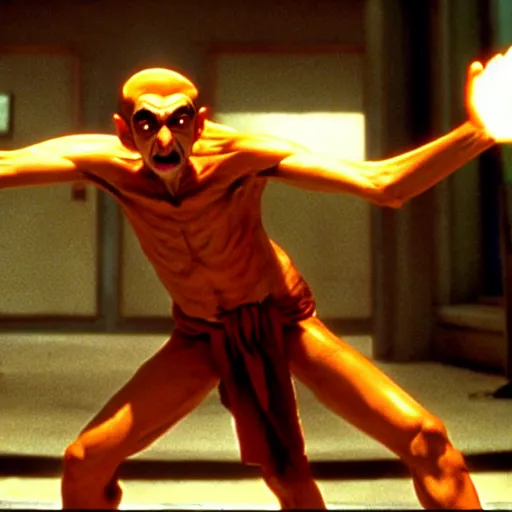 Image similar to mr. bean as dhalsim from the streetfighter movie. movie still. cinematic lighting.