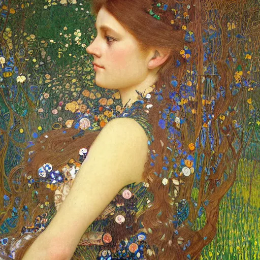 Image similar to detailed painting of a dreamy woman in a romantic forest with mathematical drawings of geometrical networks, detailed realistic face, zoomed out, 4 k, by waterhouse, mucha, klimt
