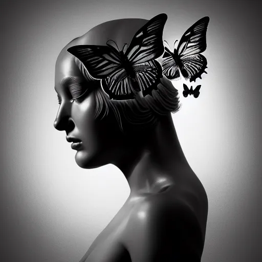 Prompt: surreal mythical dreamy dark artistic black and white fine art photo of a monumental wax sculpture of a female - orchid - butterfly - cyborg with a luminous brain, rim light, cinematic, studio dramatic light, poetic, octane render, 8 k, photo - realistic