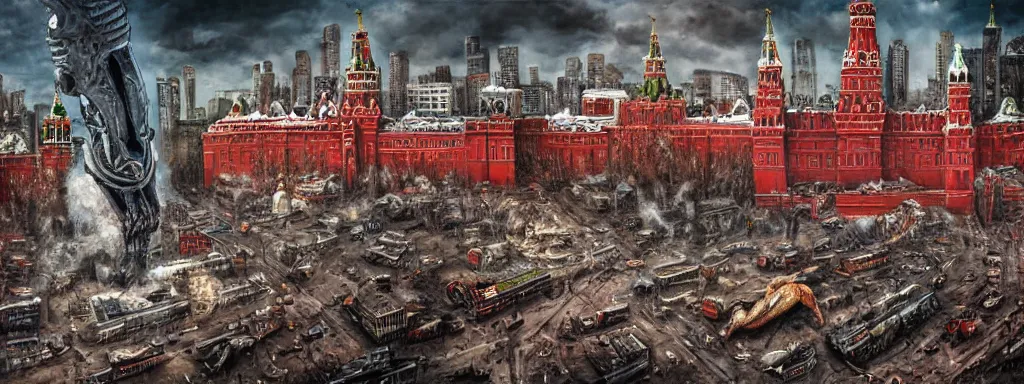 Prompt: alien predator attacks moscow red square. extreme long shot. post-apocalyptic art. high detail