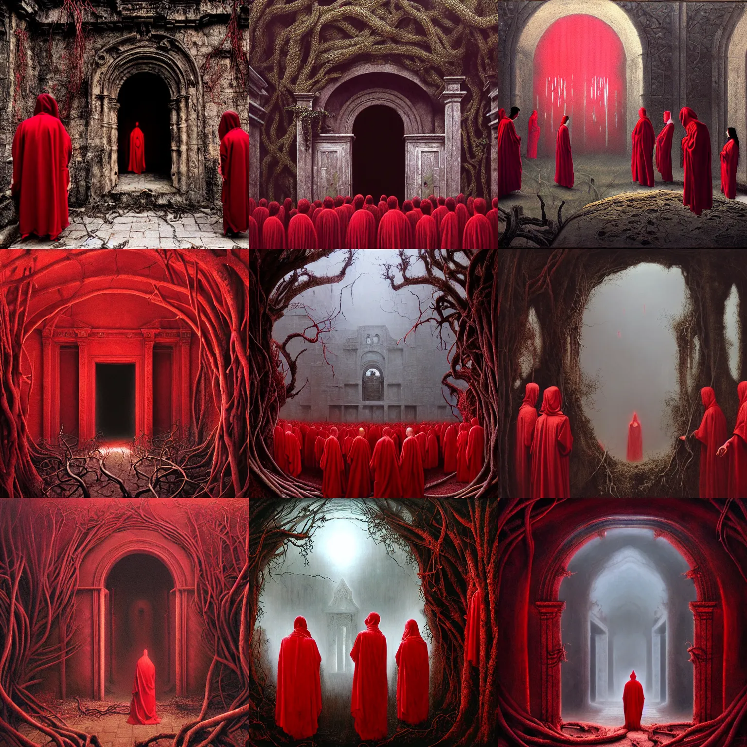 Prompt: cult gathering people in red robes, opening of an sealed ancient door with intricate design leading to a the unknown, stone walls, dead vines, painting, high detailed, fantasy, particles, fog, creepy, tintoretto, beksinski, masanori warugai, wlop, wide shot