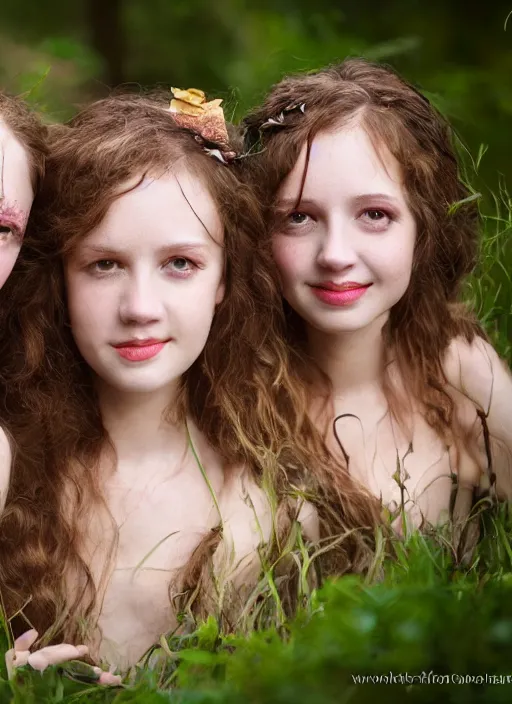 Prompt: a headshot portrait of three happy nymphs in the forst, extremely realistic and highly detailed 8 k, sharp focus, atmospheric lighting, dramatic volumetric lighting, extremely realistic faces