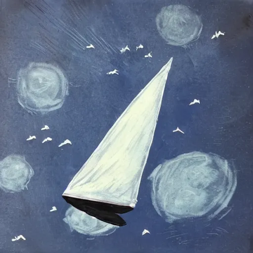 Image similar to a sailboat flying in the sky by night, mixed media, whimsical, dark vibe