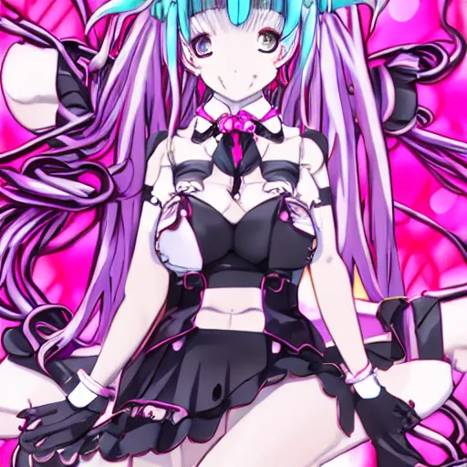 Image similar to stunningly beautiful megalomaniacal omnipotent anime asi goddess junko enoshima with symmetrical perfect face and porcelain skin, pink twintail hair and cyan eyes, traps you inside her inescapable full dive vr prison and teasing you, hyperdetailed, digital art from danganronpa, unreal engine 5, 2 d anime style, 8 k