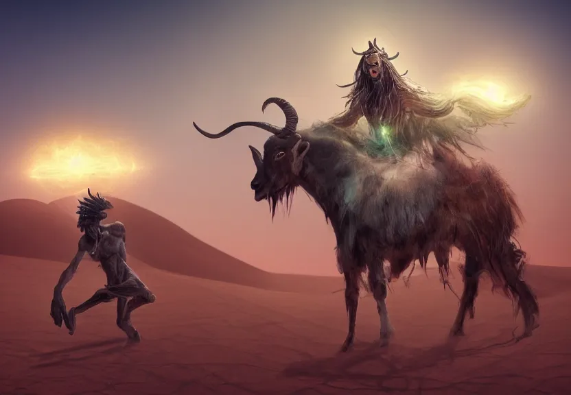 Image similar to terrific jinn demon in middle of desert with hoof on his feet and goat face with long cloth afraid of beautiful powerful angel, epic angel, wporfull angel, good vs evil, atmosphere, harsh lighting, cinematic lighting,, award wining art, artstation, high details, concept art, 4 k