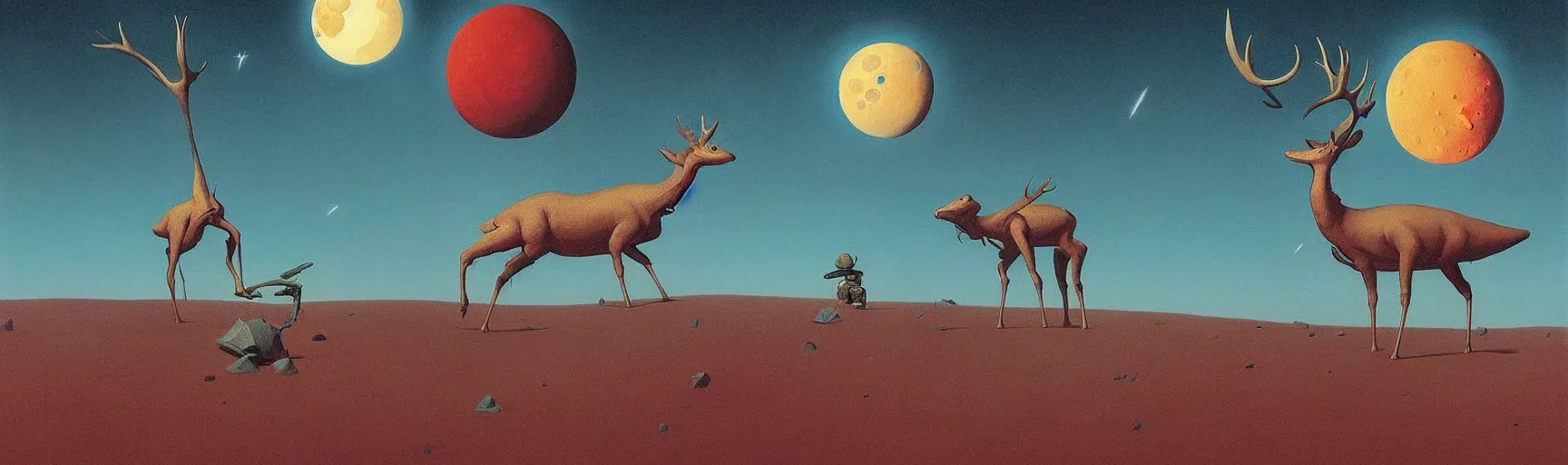 Image similar to a deer horned astronaut stands atop a melting dinosaur on the moon, Edward Hopper and James Gilleard, Zdzislaw Beksinski, Mark Ryden, Wolfgang Lettl highly detailed, hints of Yayoi Kasuma, Odilon Redon. Drexler