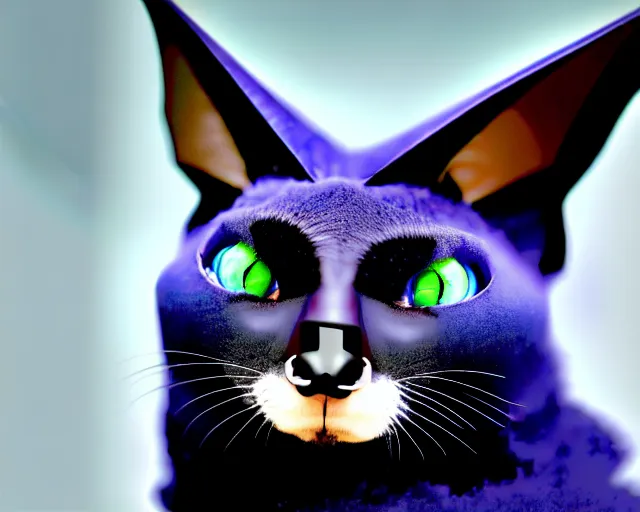 Image similar to a blue - and - black male catbat fursona with blue / green heterochromatic eyes ( differently - colored eyes, one eye green, one eye blue ) and huge bat ears, photo of the catbat streaming on his computer
