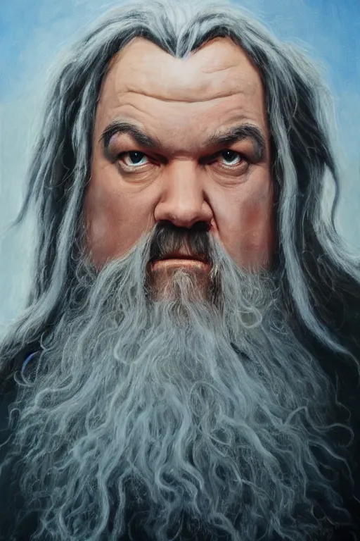 Prompt: A realistic portrait painting of Jack Black as Gandalf in LOTR by Sebastian Krüger